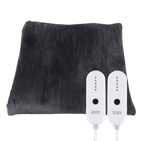 Dark Gray Flannel Queen Size Electric Blanket with Dual Controls, 5 Heat Levels and 10-Hour Auto Shutoff