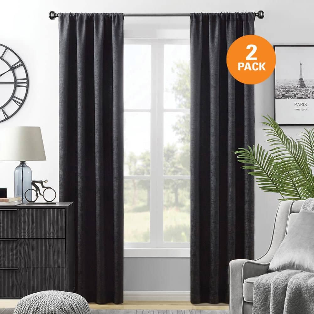 Lightsout with EnerShield Technology Hayden Polyester Rod Pocket Blackout Curtains, 38x84 in, Black (2 ct), image size:1000x1000
