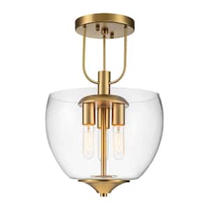 Signorelli 13.8 in. 3-Light Brushed Gold Mid-Century Modern Conical Dome Semi-Flush Mount with Clear Glass Shade