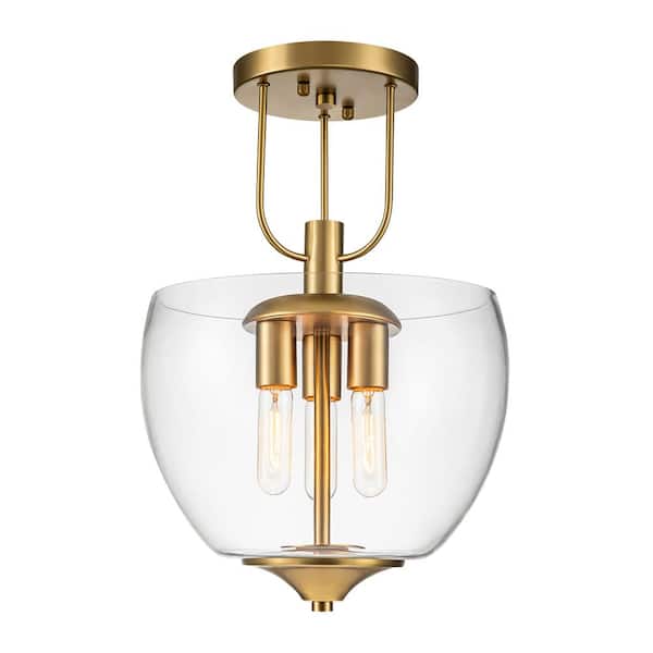 RRTYO Signorelli 13.8 in. 3-Light Brushed Gold Mid-Century Modern Conical Dome Semi-Flush Mount with Clear Glass Shade
