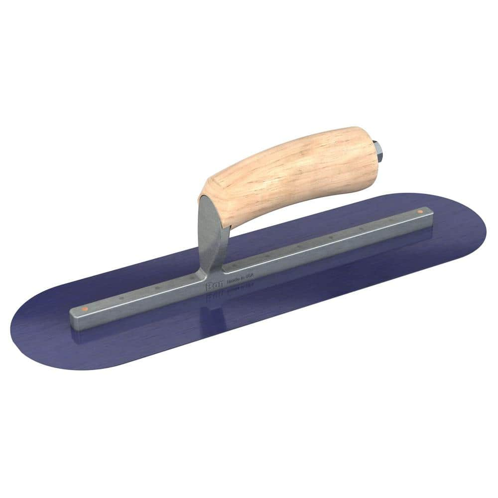 Bon Tool 14 in. x 4 in. Blue Steel Round End Finishing Trowel with Wood Handle and Long Shank