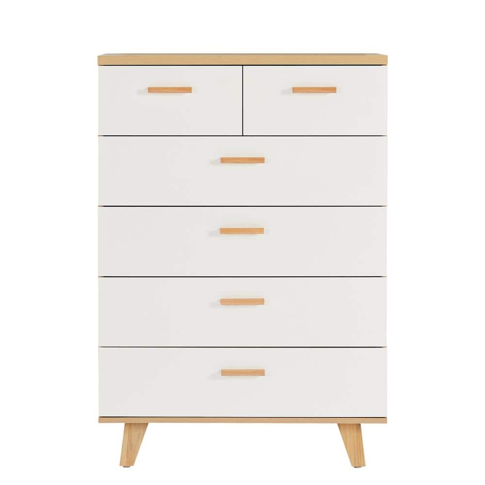 YOFE 31.5 in. Natural Brown Wood Frame with 6-Drawer White Accent ...