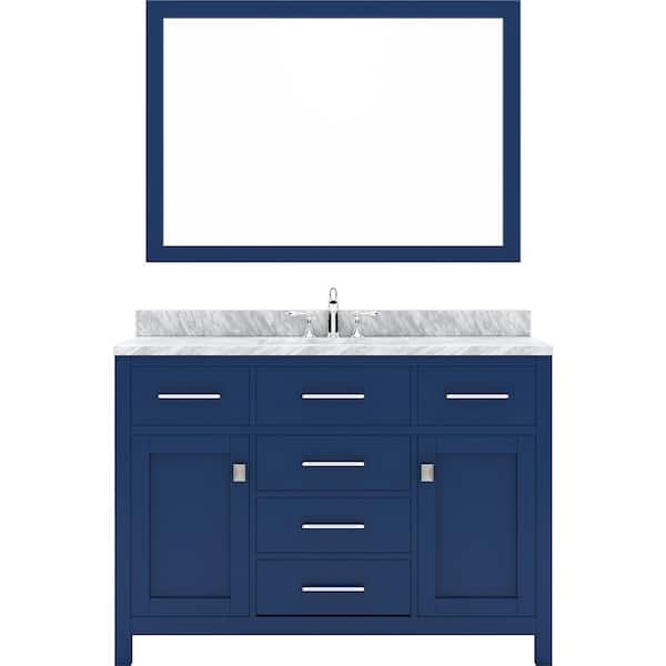 Virtu USA Caroline 48 in. W Bath Vanity in Blue with Marble Vanity Top in White with White Basin and Mirror