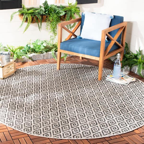 Courtyard Beige/Black 7 ft. x 7 ft. Round Geometric Indoor/Outdoor Patio  Area Rug