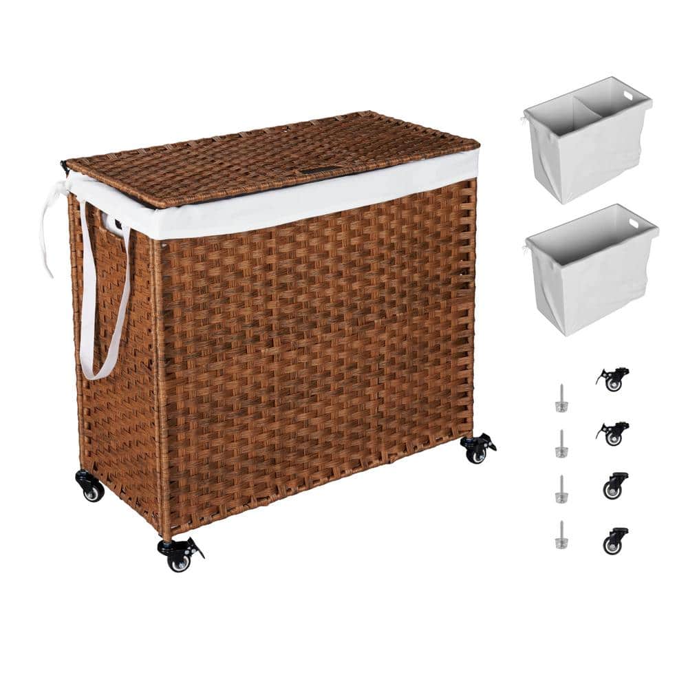 42.26 Gal. Brown Rattan Deck Box Laundry Hamper with Lid and 2 Removable Ba