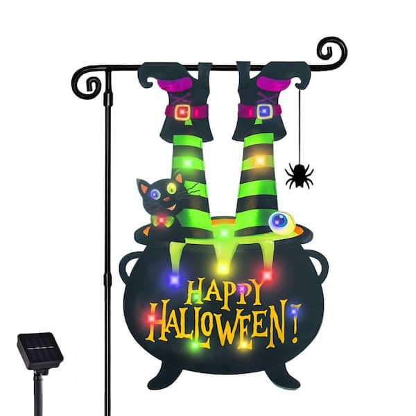 12 in. x 18 in. Halloween Lighted Garden Flag for Outside, Double Sided Cauldron Eyeball Black Cat Decorations for Home