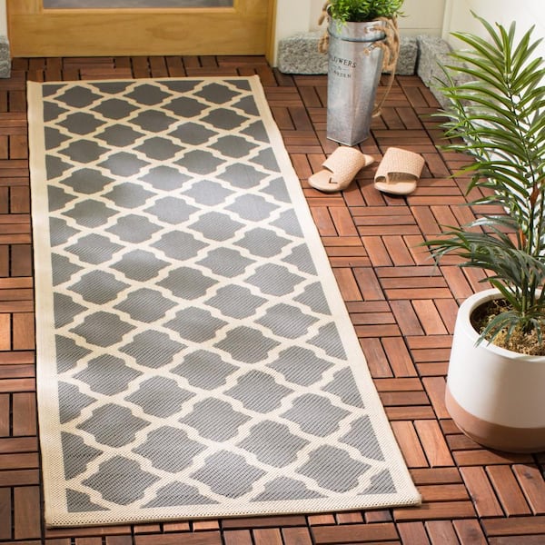 Courtyard Anthracite/Beige 2 ft. x 10 ft. Geometric Indoor/Outdoor Patio  Runner Rug