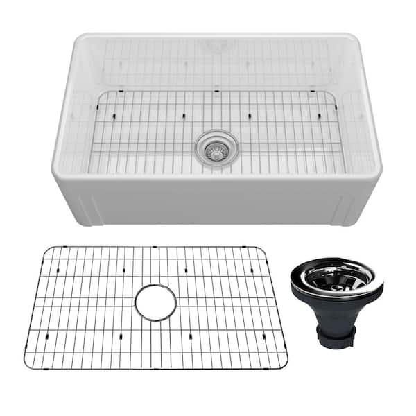 30 in. Farmhouse/Apron-Front Single Bowl Glossy White Fireclay Kitchen Sink with Bottom Grid and Strainer Drain
