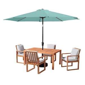 6 Piece Set, Weston Wood Outdoor Dining Table Set with 4 Cushioned Chairs, and 10-Foot Auto Tilt Umbrella Dusty Green