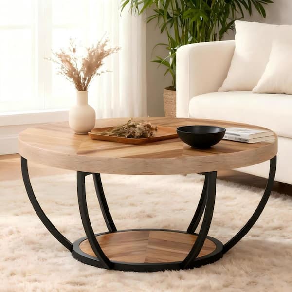 31.7 in. Farmhouse Brown Round Wood Coffee Table with Storage, 2-Tier Small Modern Center Table for Living Room, Office