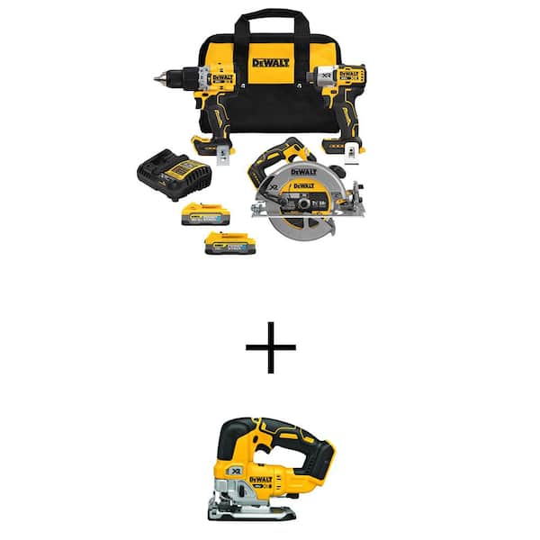 DEWALT 20V MAX Lithium-Ion Cordless 3-Tool Combo Kit and Cordless Brushless Jigsaw with 5.0Ah and 1.7AH Batteries and Charger