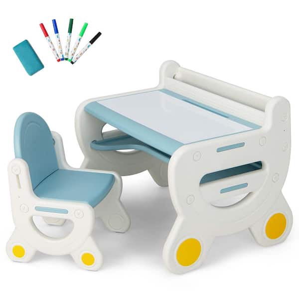 Costway 2-Piece Rectangular Plastic Top Blue Kids Drawing Table & Chair Set Reading Playing with Pens & Blackboard Eraser