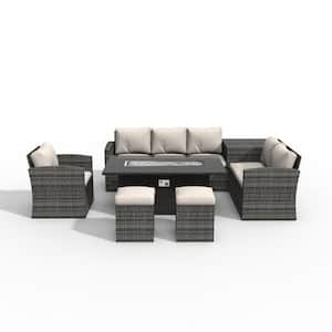 Jesica 7-Piece Wicker Patio Conversation Set with Beige Cushions with Firepit Table