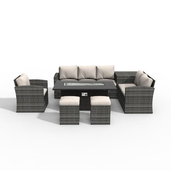 DIRECT WICKER Jesica 7-Piece Wicker Patio Conversation Set with Beige Cushions with Firepit Table