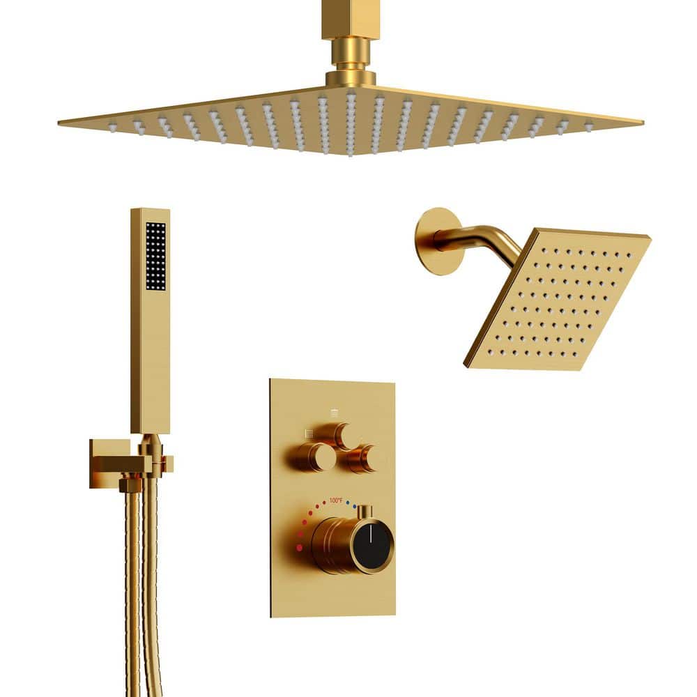 His and Hers Showers 7-Spray 12 in. Thermostatic Cartridge Wall Bar Shower Kit in Brushed Gold Valve Included price history on PriceWatchPro