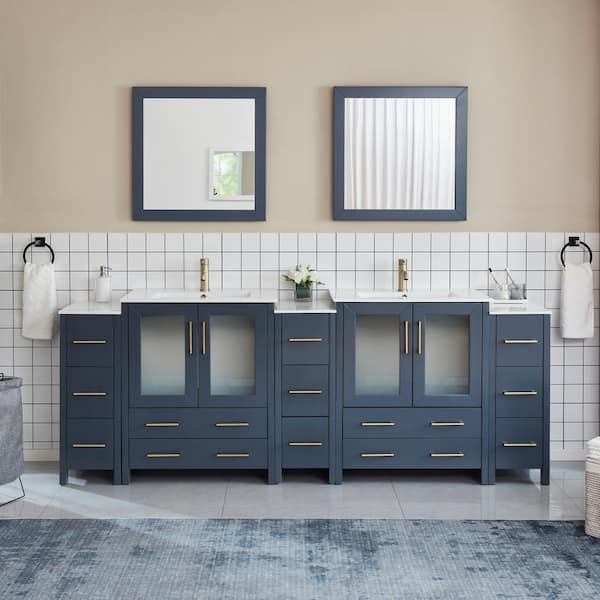 Vanity Art Brescia 96 in. W x 18 in. D x 36 in. H Double Sink Bath Vanity in Blue with White Ceramic Top and Mirror