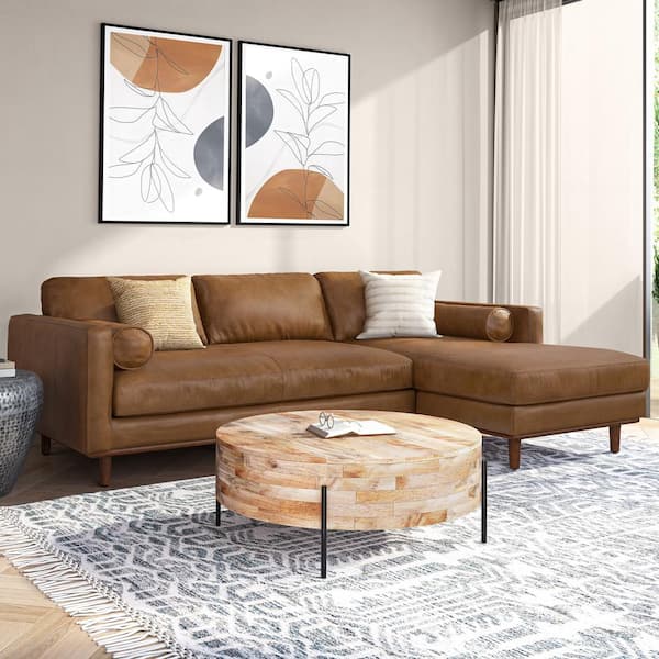 Simpli Home Morrison Mid Century Genuine Leather Right Sectional 102 in. Wide Sofa in Caramel Brown Genuine Leather AXCSECMOR CAR The Home Depot