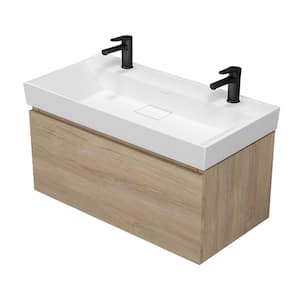 Sharp 39.3 in. W x 18.7 in. D x 22.9 in. H Modern Wall Mounted Bathroom Vanity in Brown Oak with White Ceramic Top