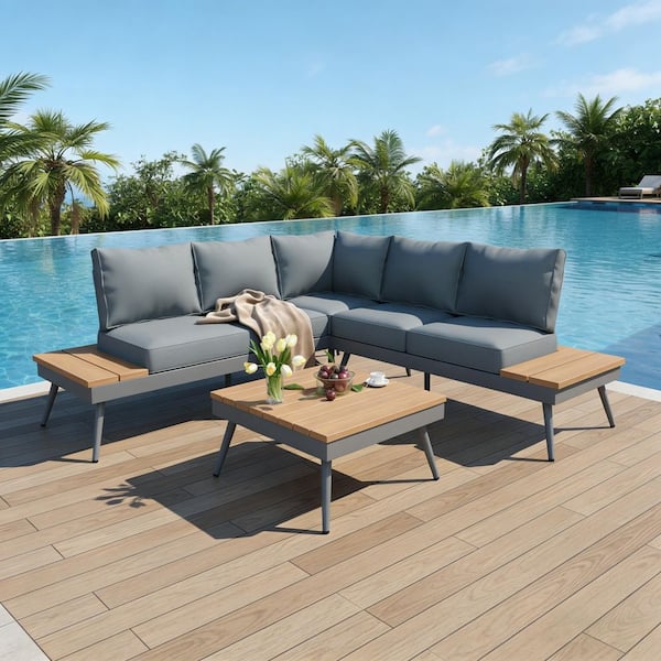 4-Piece V Shaped Metal Outdoor Patio Sofa Set with Gray Cushions