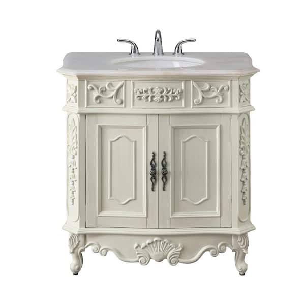 Winslow 33 in. W x 22 in. D x 35 in. H Single Sink Freestanding Bath Vanity in Antique White with White Marble Top