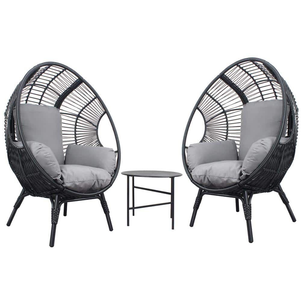 Black 3-Piece Metal Outdoor Lounge Chairs, Patio PE Rattan Egg Chairs and S