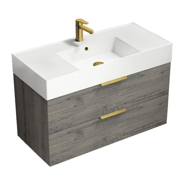 Nameeks Derin 39.53 in. W x 18.11 in. D x 25.2 in. H Modern Bathroom Vanity in Grey Oak With White Ceramic Top