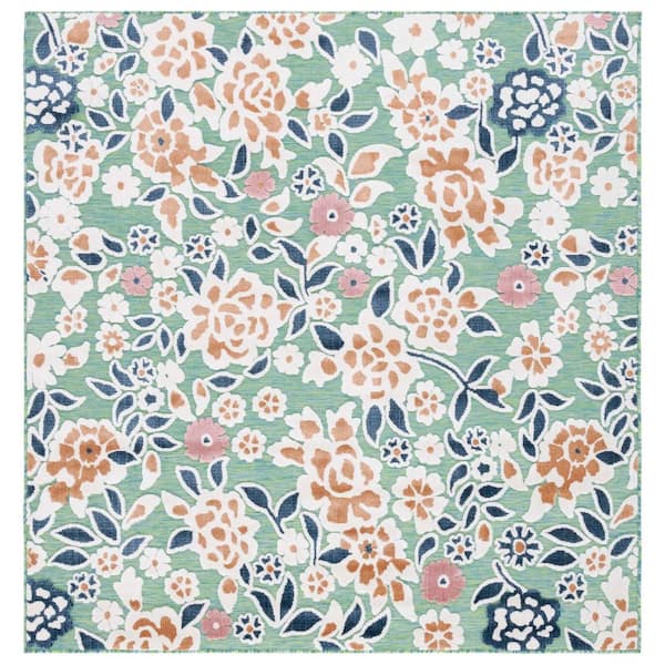 Cabana Green/Navy 6 ft. x 6 ft. High-Low Floral Indoor/Outdoor Square Area Rug