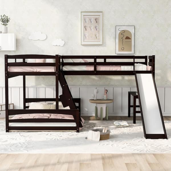 Urtr Espresso L Shape Triple Bunk Bed, Full Loft Bed With Slide And Desk