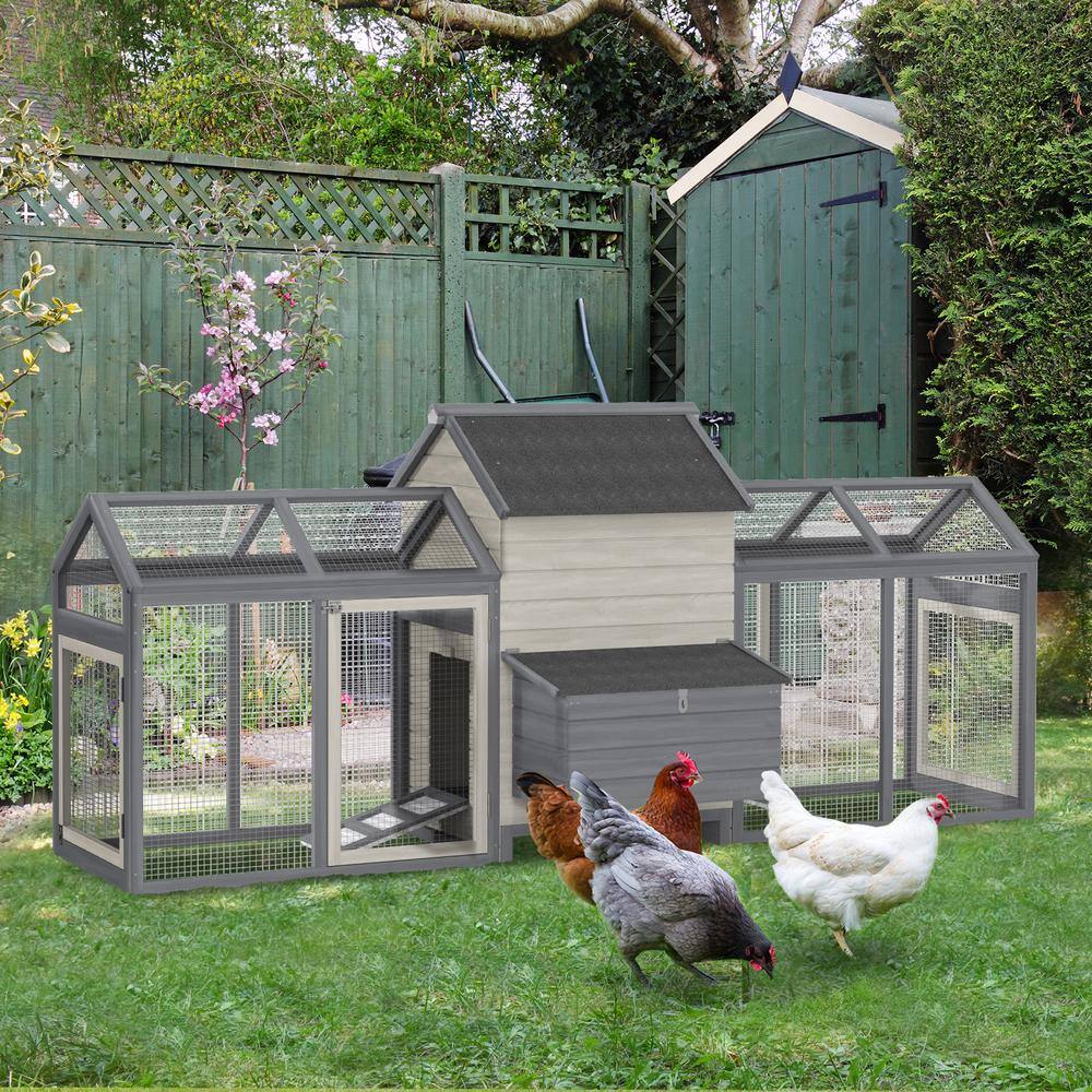 Gray and White Wooden Chicken Coop with Double Run and Nesting Box