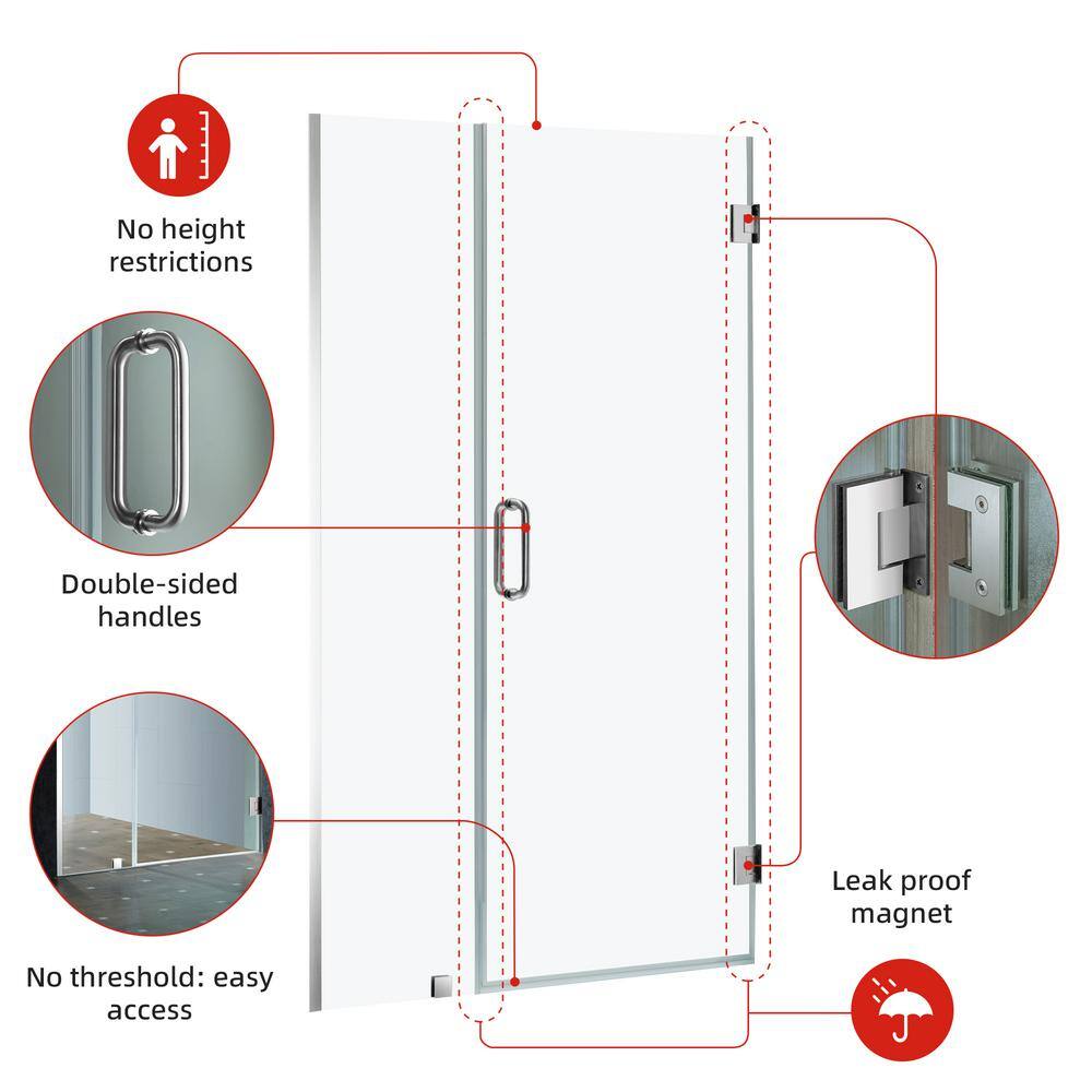 47" Chrome Frameless Pivot Shower Door with Clear Tempered Glass