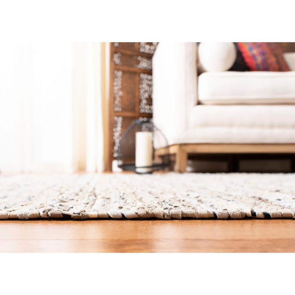 Vintage Beige and Multicolor Handwoven Leather Area Rug 4' x 6'