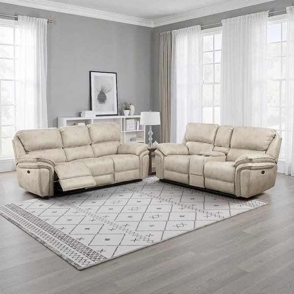 Arlo 90 in. W Pillow Top Arm Microfiber Rectangle Power Double Reclining Sofa Set in Sand, 2-Piece