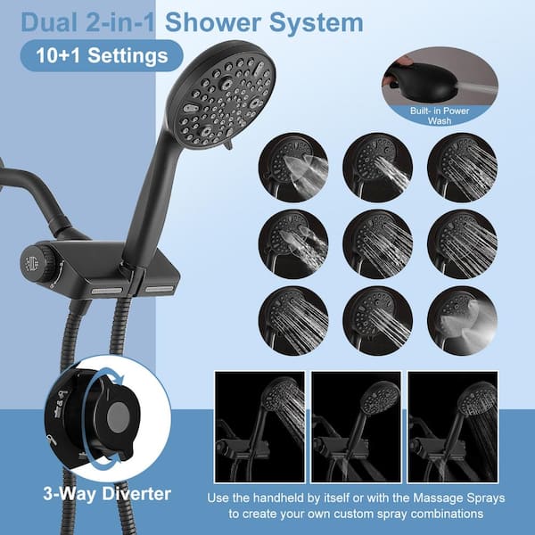 Dual-Function Showerhead 10-Spray Wall Mount Handheld Shower Head 1.8 GPM in Matte Black