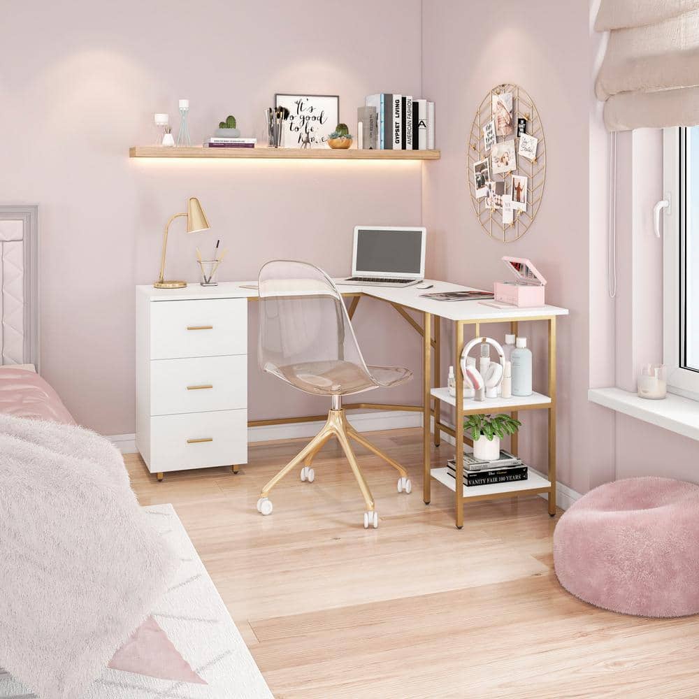 Gold and White L-Shaped Computer Desk with Drawers