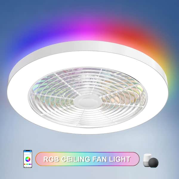 TOZING 19.7 in. Smart Indoor White Low Profile RGB Alexa Google Assistant Flush Mount Ceiling Fan Light with LED with Remote
