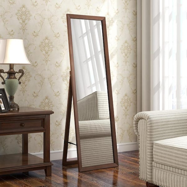 Mecale 18 in. x 14 in. x 61 in. Brown Full Length Mirror with Stand and Solid Wood Frame