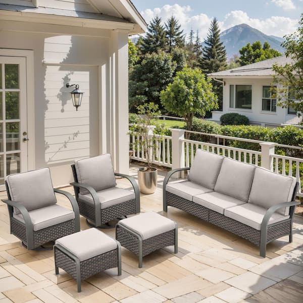 5-Piece Brown Wicker Patio Conversation Set with Beige Olefin Cushions and Swivel Glider Chairs/Ottomans/Couch