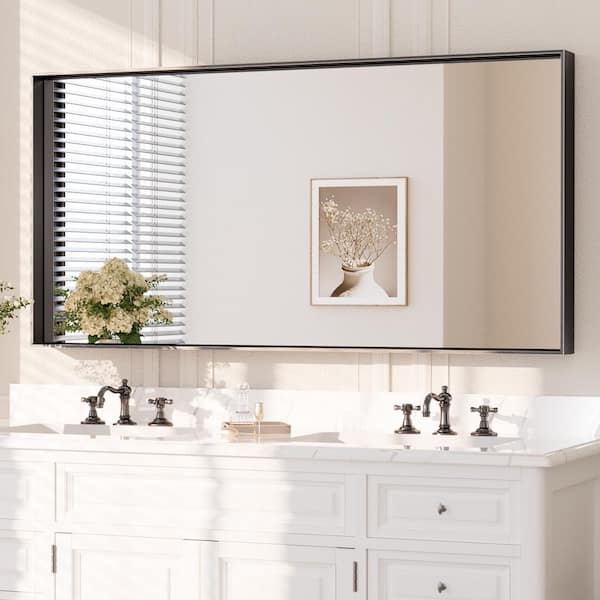 48 in. W x 24 in. H Rectangular Aluminum Square Corner Framed Wall Mount Bathroom Vanity Mirror in Matte Black