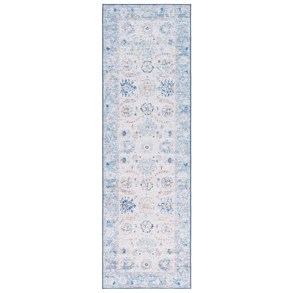 SAFAVIEH Arizona 3 ft. x 8 ft. Blue/Beige Machine Washable Distressed Medallion Floral Runner Rug