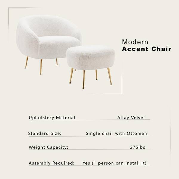 aisword Modern Comfy Leisure Accent Chair, Teddy Short Plush Particle Velvet Arm Chair with Ottoman - White