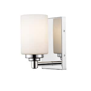 1-Light Chrome Wall Sconce with White Glass Shade