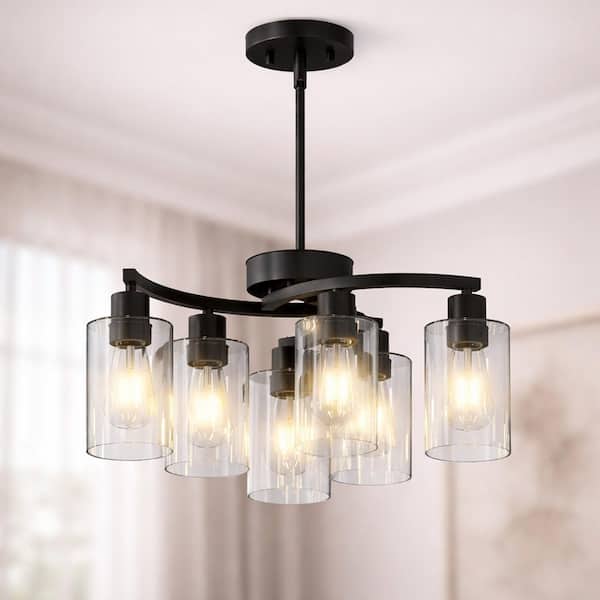 22 in. 6-Light Glass Shade Matte Black Modern Chandelier for Kitchen Island with No Bulbs Included