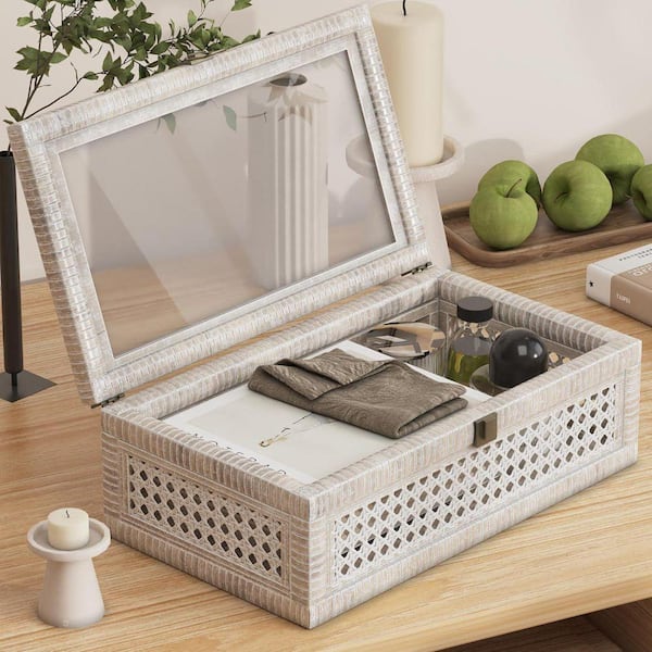Washed White 14.2 in. x 8.3 in. MDF Rattan Decorative  display picture 3