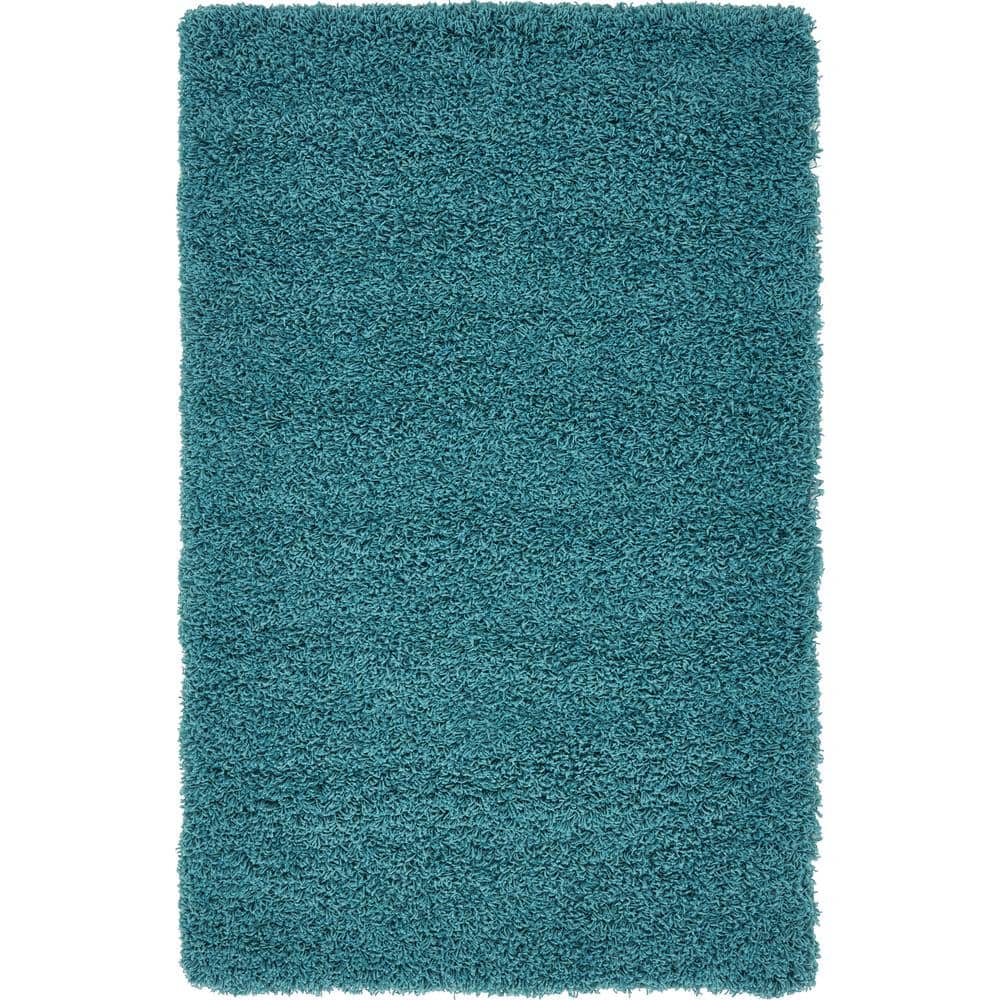 Reversible Deep Aqua Blue Shag Rug 3' 3" x 5' 3" Synthetic Rectangle