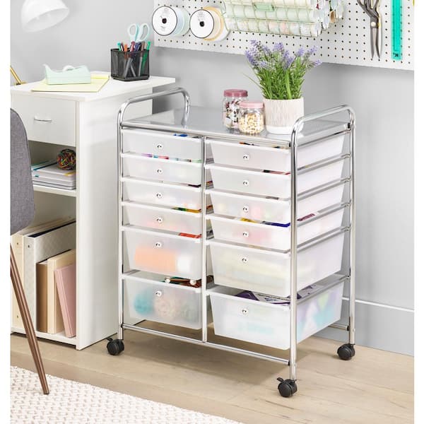 12 Plastic Drawers Rolling Cart Storage Organizer Bins with Four wheels in  White