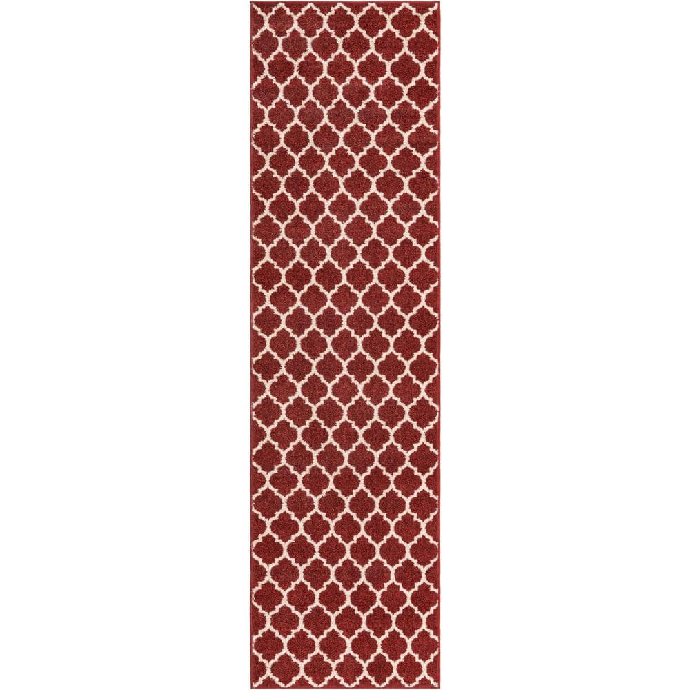 Red and Beige Synthetic Trellis Runner Rug