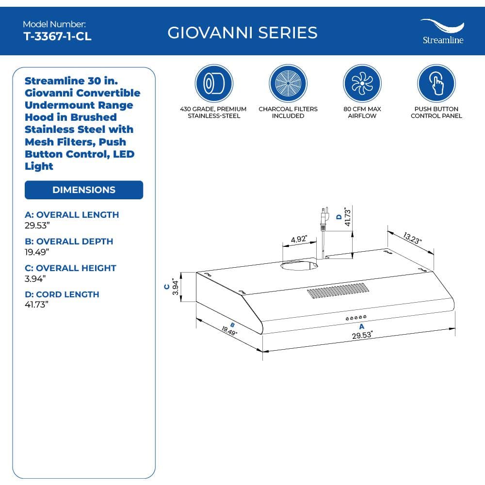 Streamline 30-Inch Stainless Steel Convertible Under Cabinet Range Hood