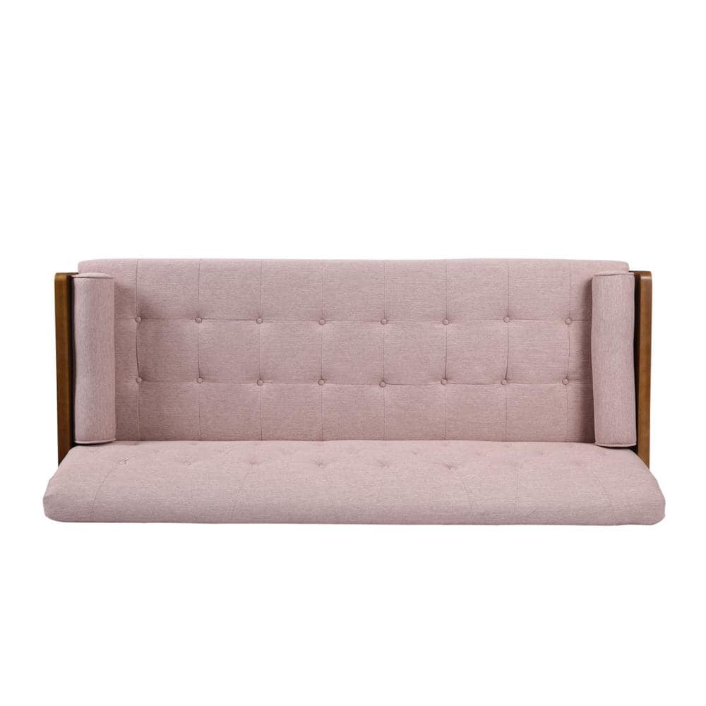 Light Blush Tufted Fabric Sofa with Walnut Wood Frame