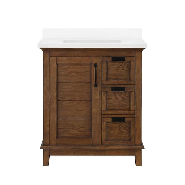 Pembroke 30 in. Single Sink Antique Oak Bath Vanity with White Engineered Stone Top (Assembled)
