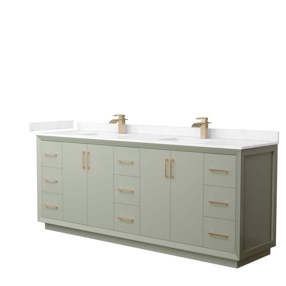 Wyndham Collection Strada 84 in. W x 22 in. D x 35 in. H Double Bath Vanity in Light Green with Carrara Cultured Marble Top, Light Green with Satin Bronze Trim -  WCF414184DLZC2UNSMXX